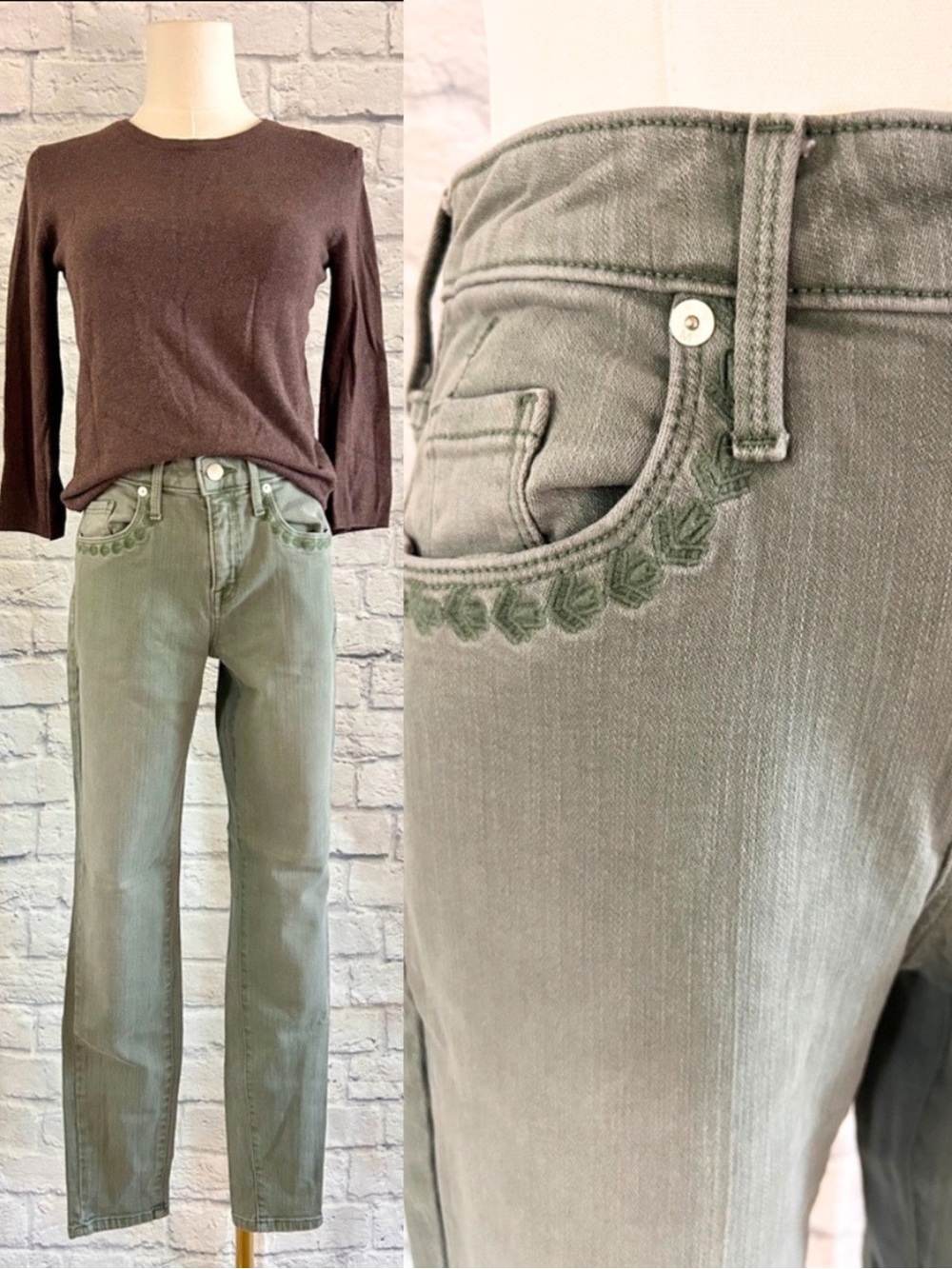 2 Piece Outfit Styled Brown Philosophy Sweater MOSSIMO Green Embroidered Jeans